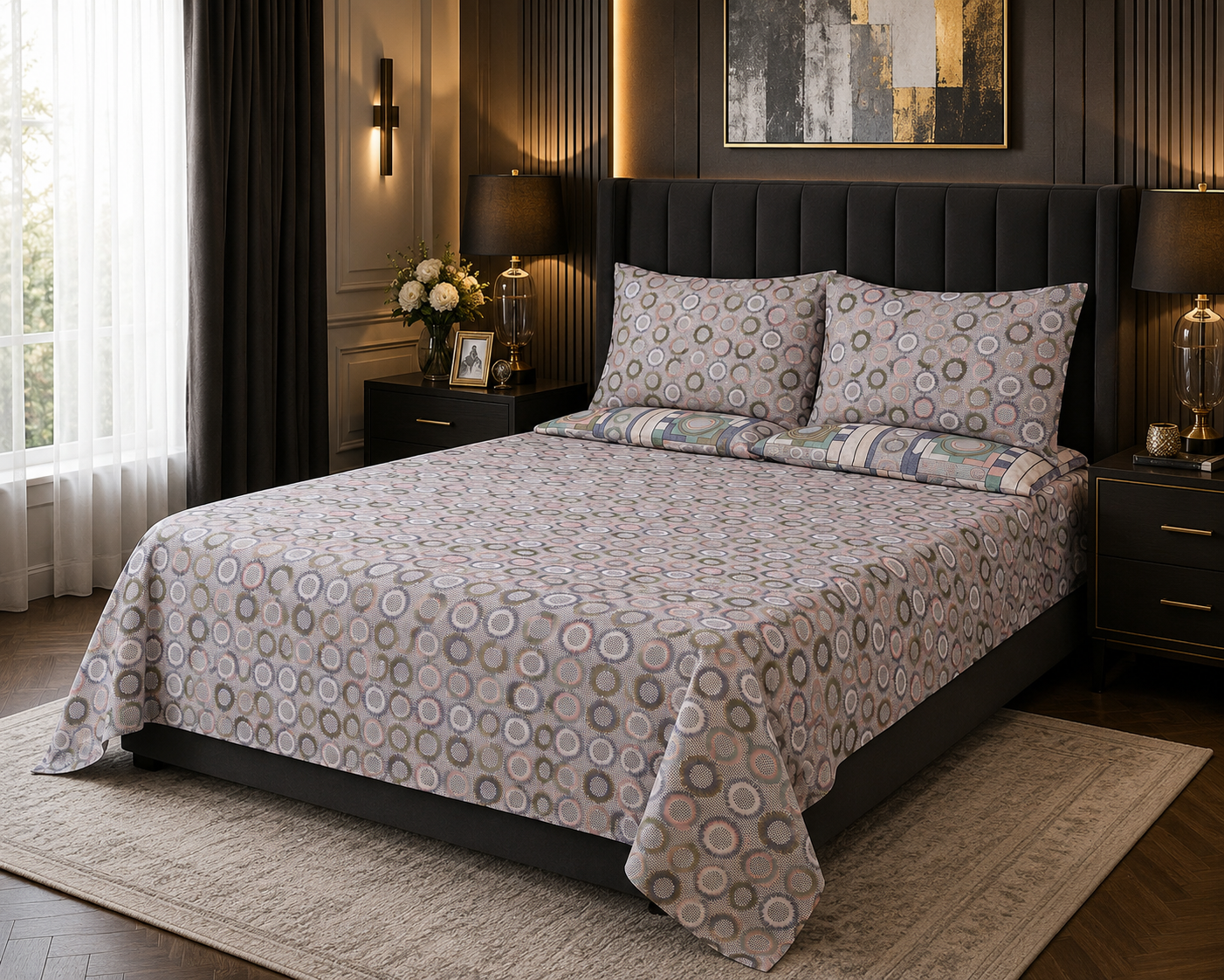 Premium Geometric Printed Cotton Bedsheet Set | Double/King Size