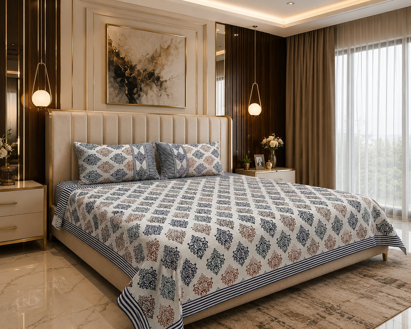 Blue and Brown Block-Print Cotton Bed Sheet Set with 2 Pillow Covers