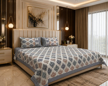 Blue and Brown Block-Print Cotton Bed Sheet Set with 2 Pillow Covers