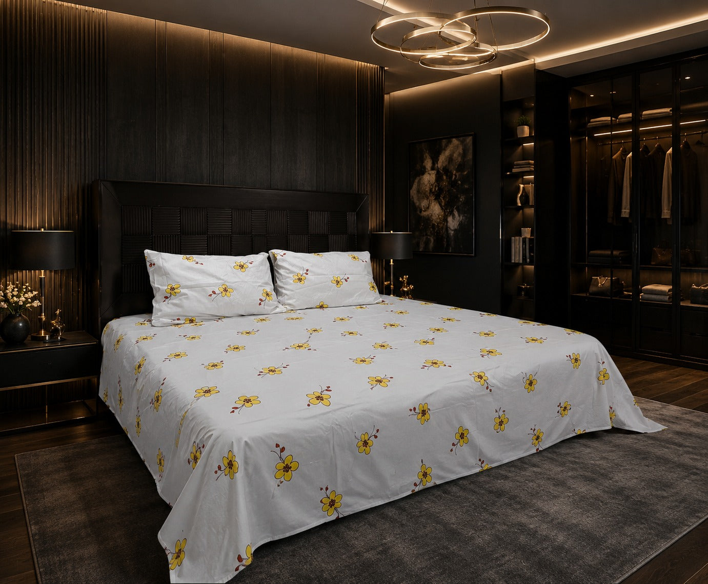 Yellow Floral Cotton Bed Sheet Set with 2 Pillow Covers