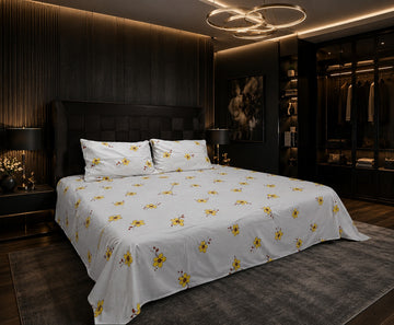 Yellow Floral Cotton Bed Sheet Set with 2 Pillow Covers