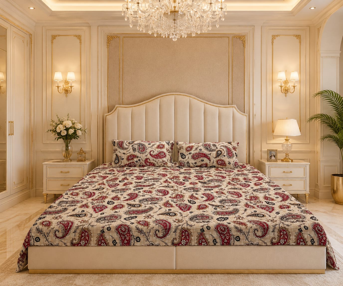 Red & Gold Paisley Cotton Bed Sheet Set with 2 Pillow Covers