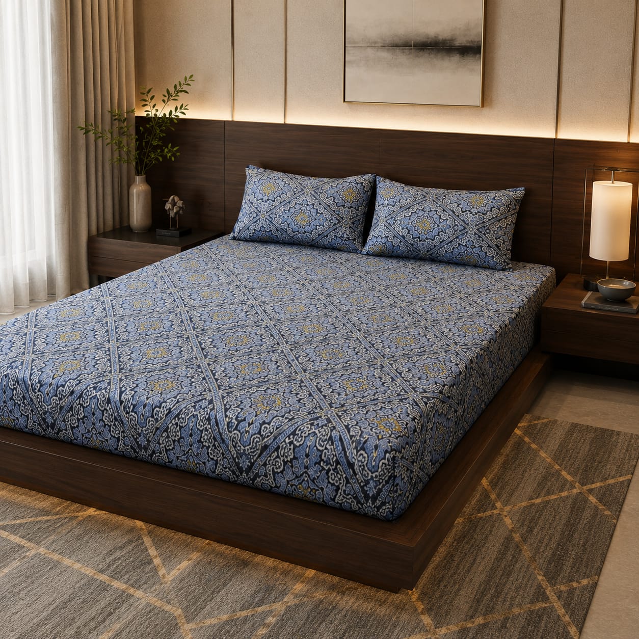 Blue Medallion Cotton Bed Sheet Set with 2 Pillow Covers