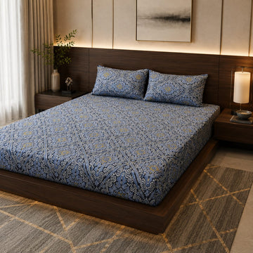 Blue Medallion Cotton Bed Sheet Set with 2 Pillow Covers