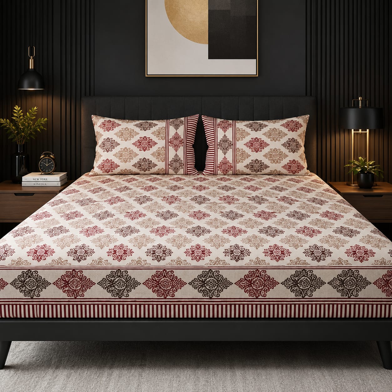 Maroon Block-Print Cotton Bed Sheet Set with 2 Pillow Covers