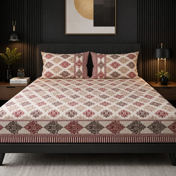 Maroon Block-Print Cotton Bed Sheet Set with 2 Pillow Covers