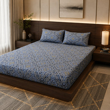Blue Print Cotton Bed Sheet Set with 2 Pillow
