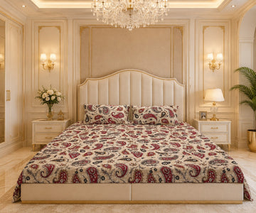 Maroon and Cream Block-Print Cotton Bed Sheet Set with 2 Pillow