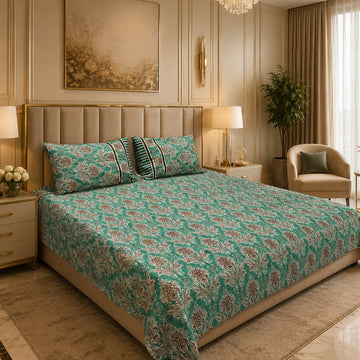 Green and Brown flower leaves pure cotton Bedsheet set with 2 Pillow